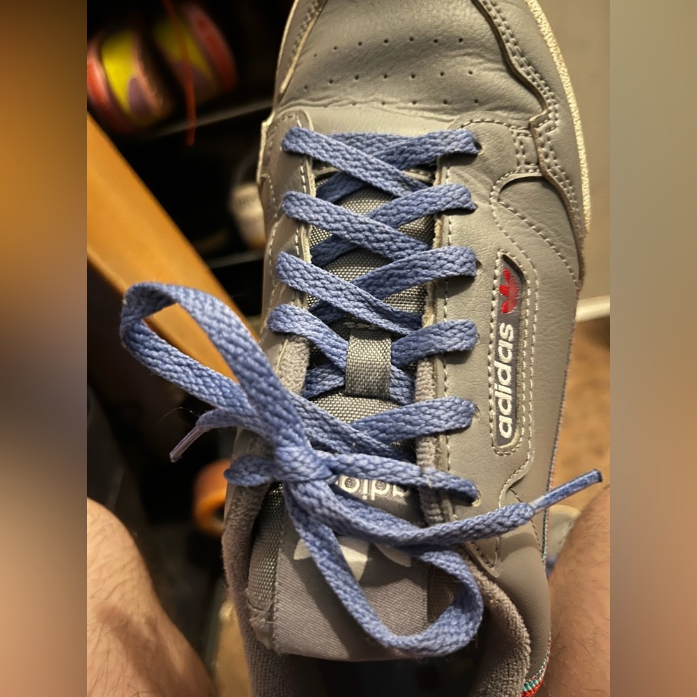 adidas continental 80 trainers grey and blue with purple laces